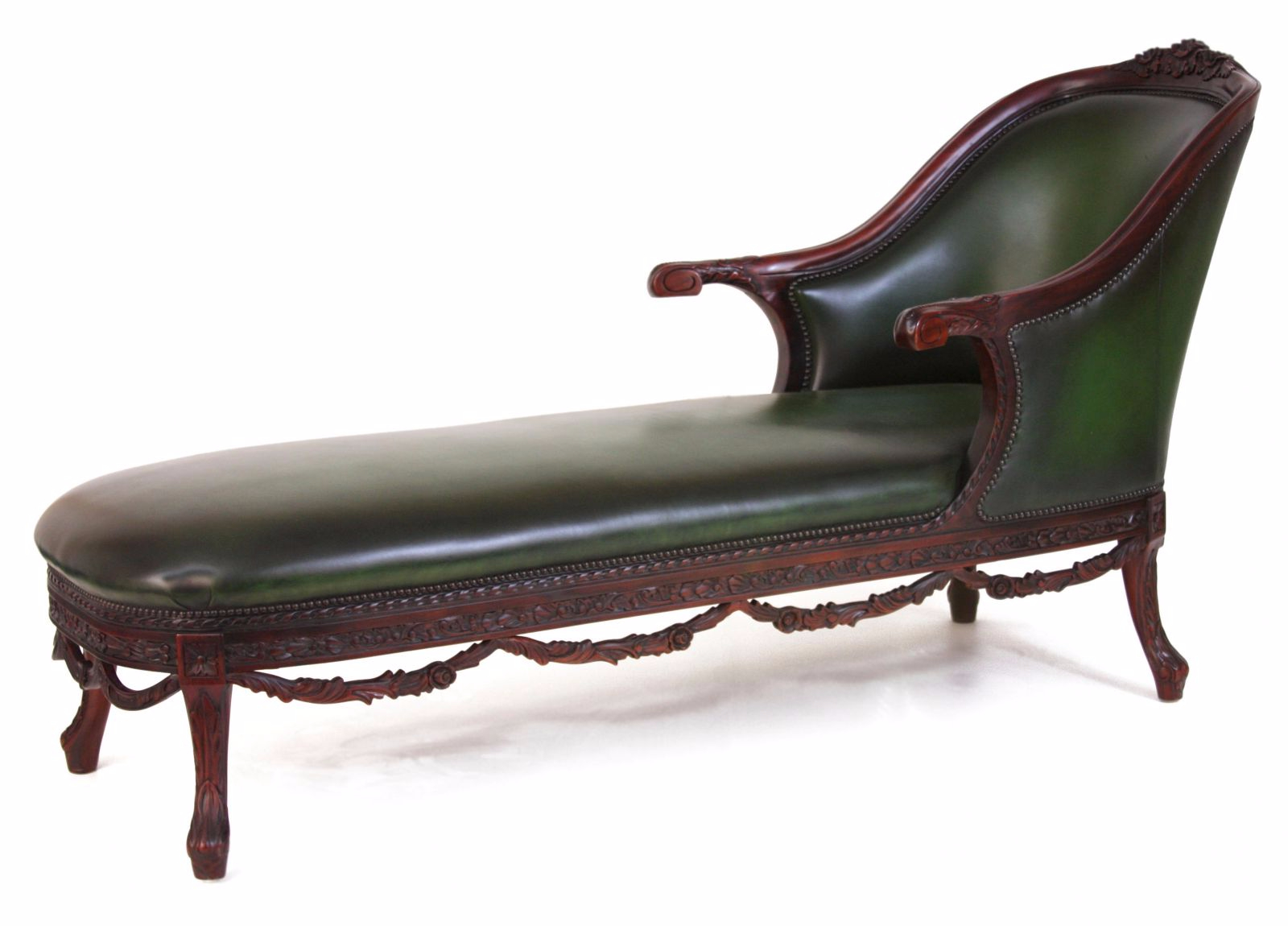 Green leather chaise longue, Occasional seating in stock from Brights