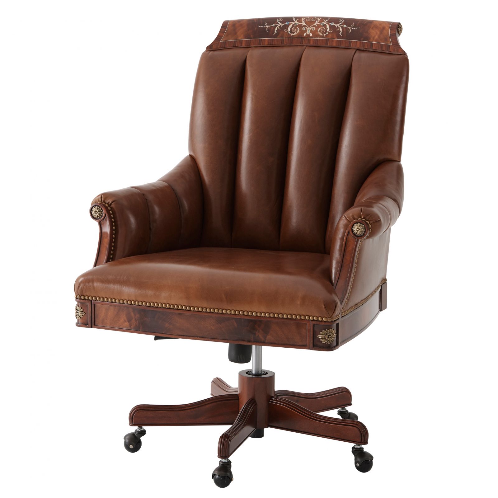 Regency style mahogany desk swivel chair with brass accents, The
