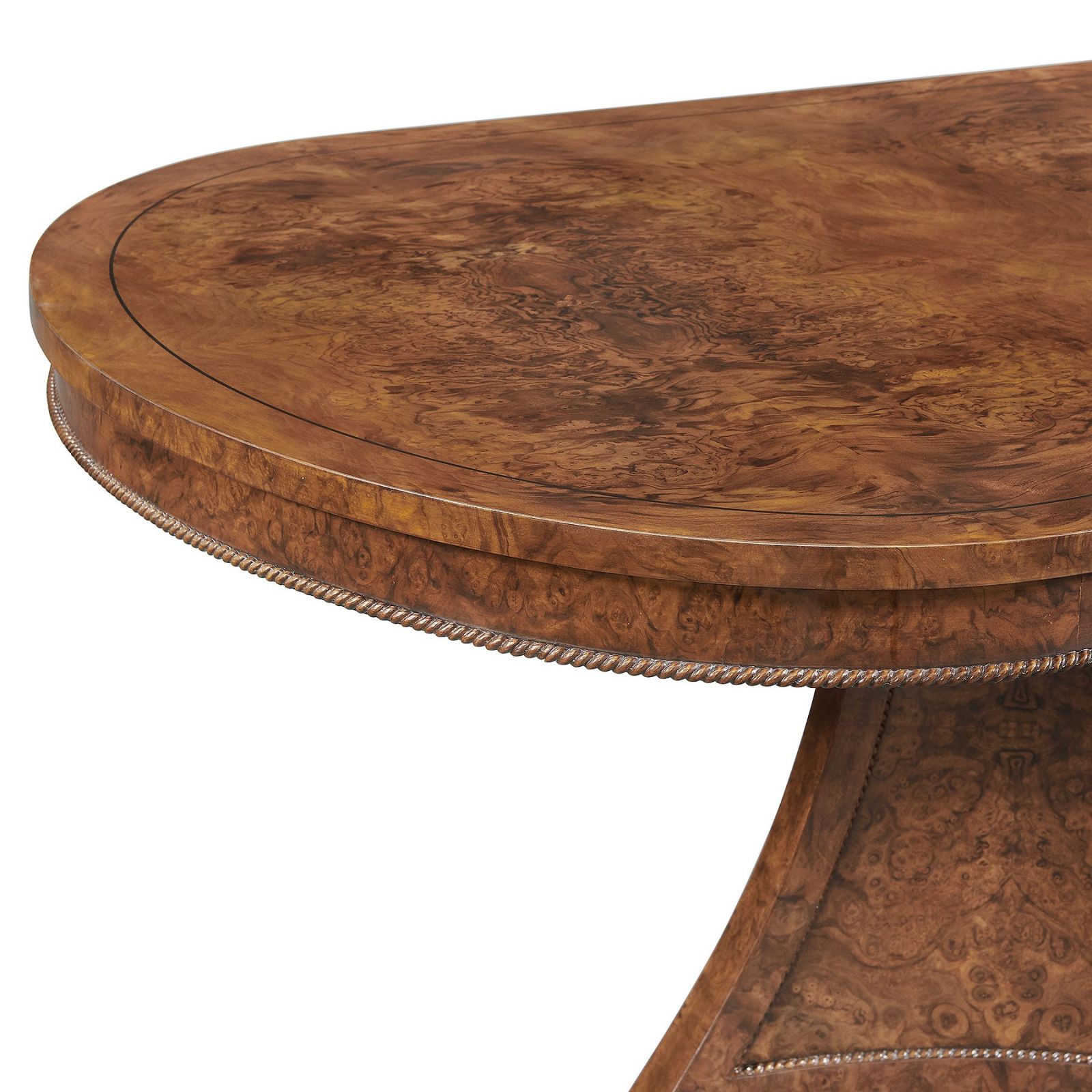 Robert Adam style twin pedestal burl walnut dining table large