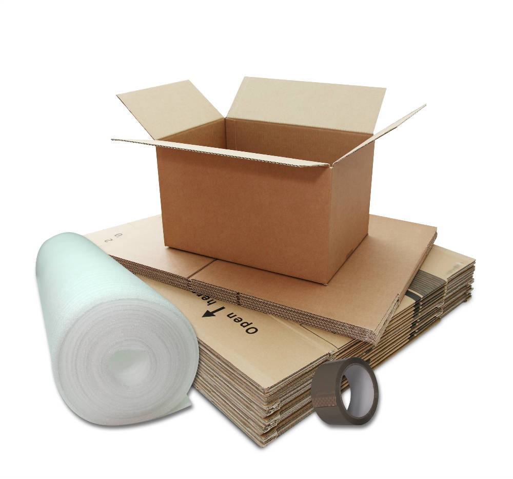 Packing Materials Cardboard Boxes, Bubble Wrap and Parcel Tape in
